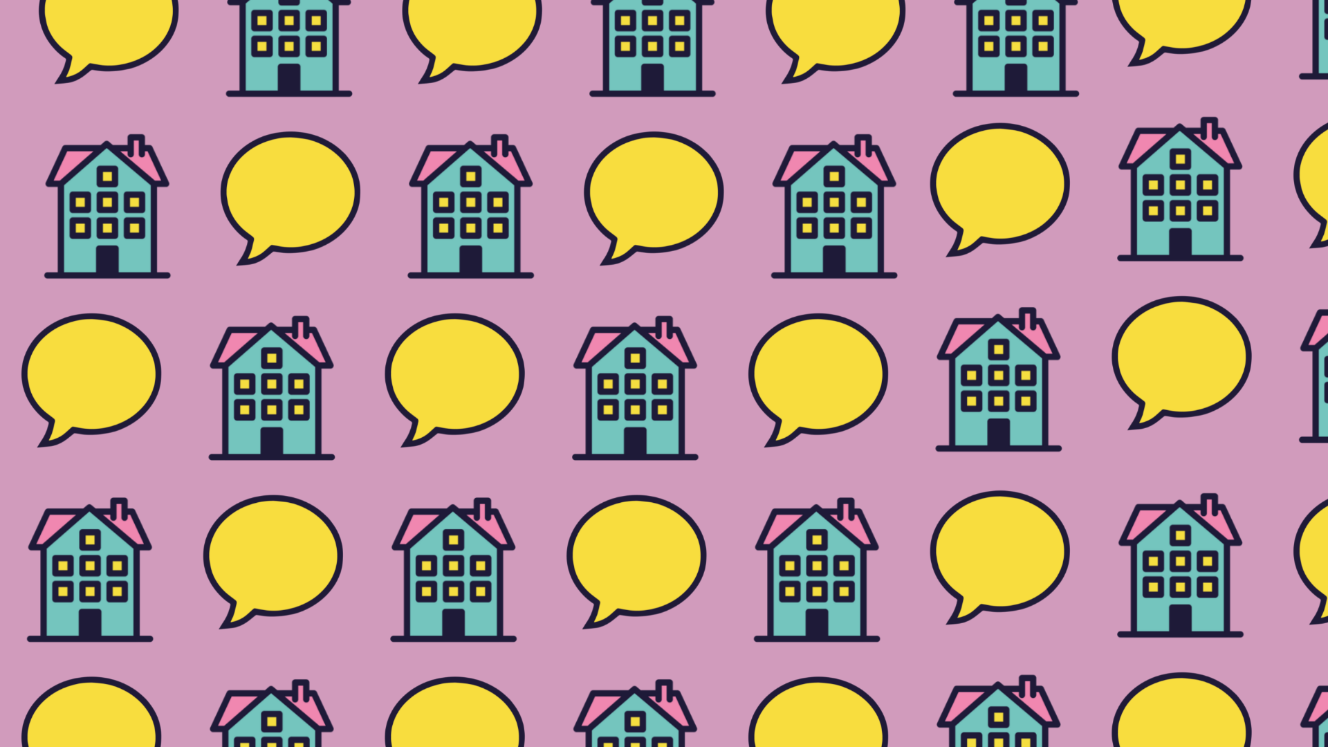 Two emojis repeated across a pink background. One if a house and the other is a speech bubble.